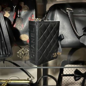CHANEL Lambskin Quilted Book Card Holder on Chain Black